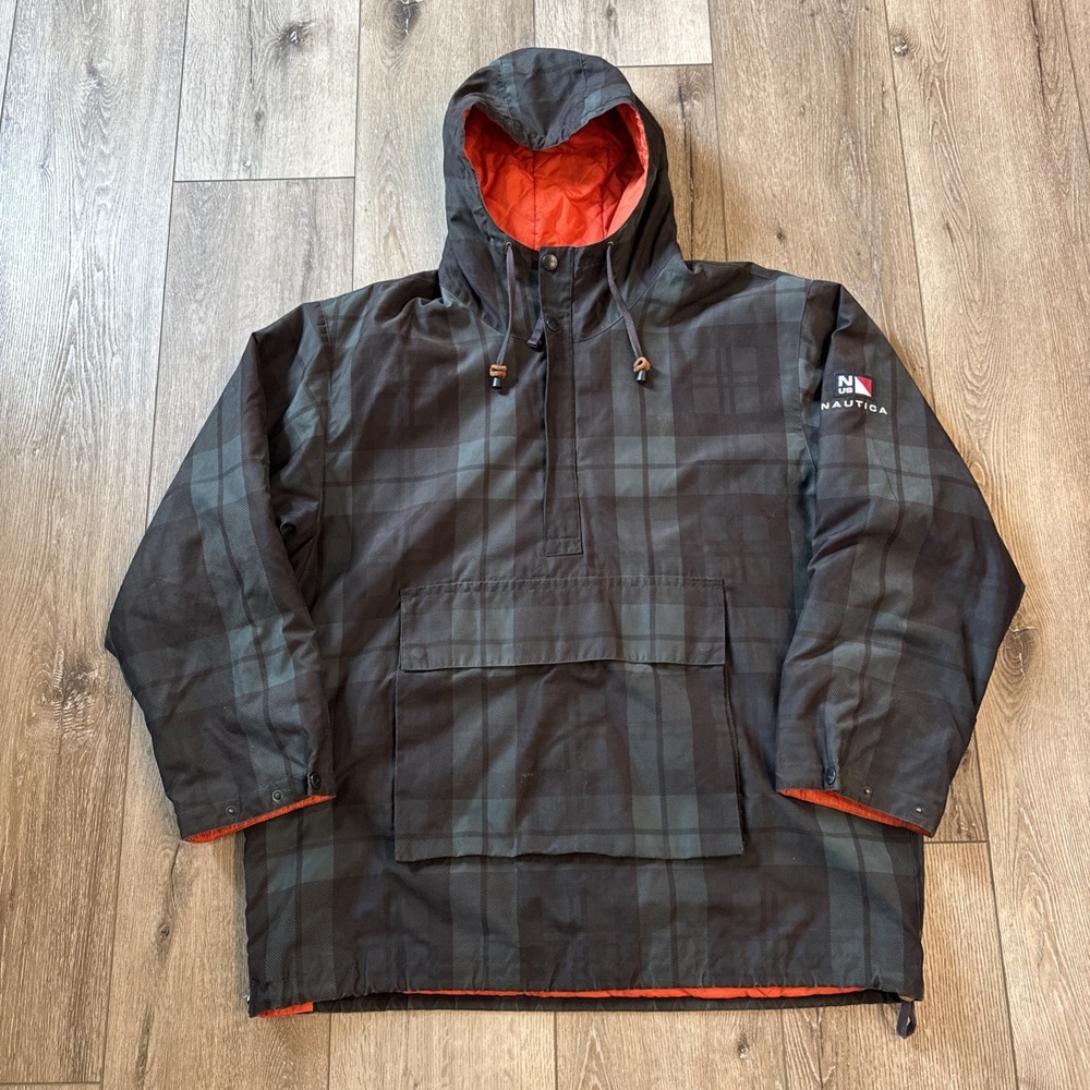 Vintage Nautica 90s Plaid Jacket Mens Size XL Green Pullover Insulated Anorak